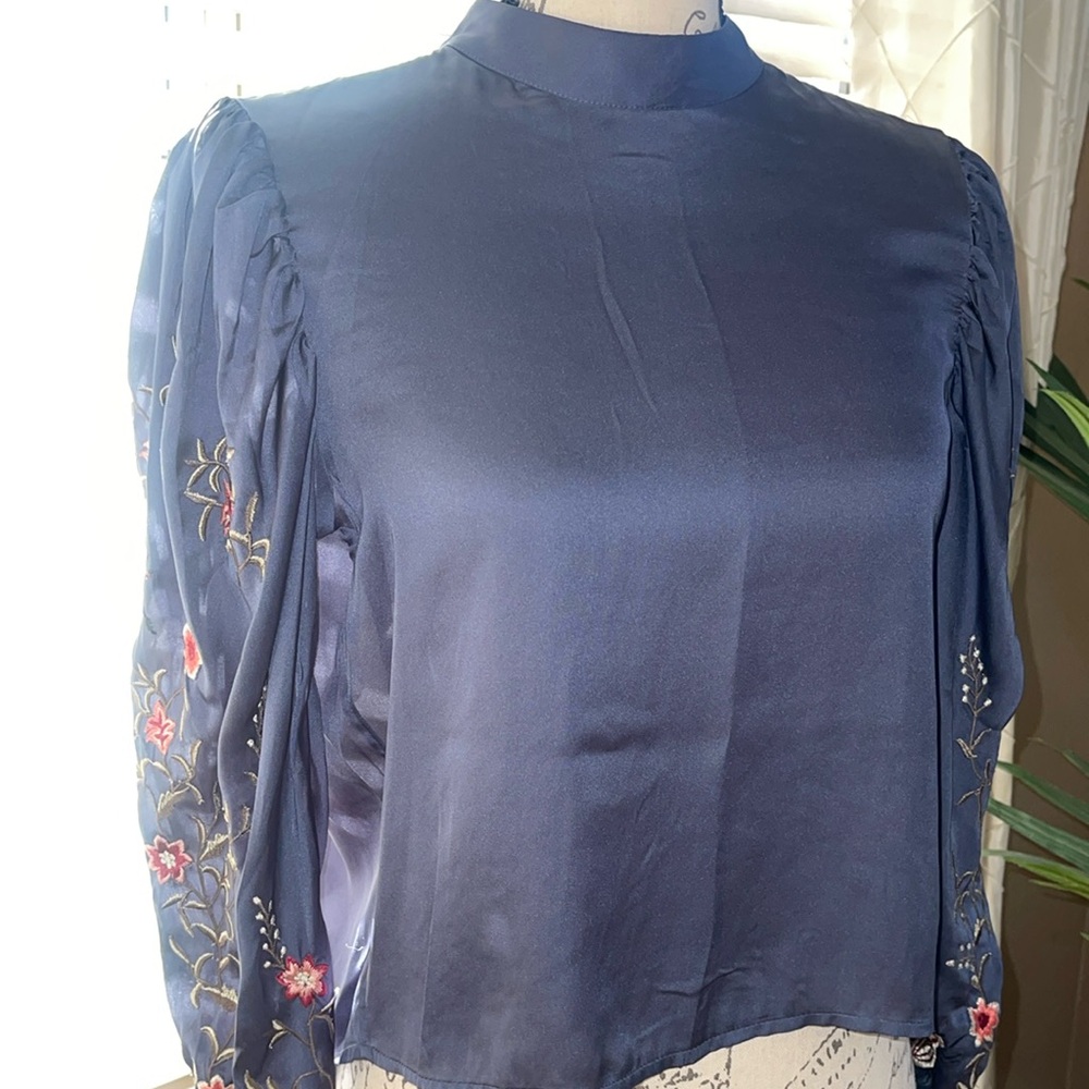 H&M-  Slate Blue top with embroidered puff sleeve